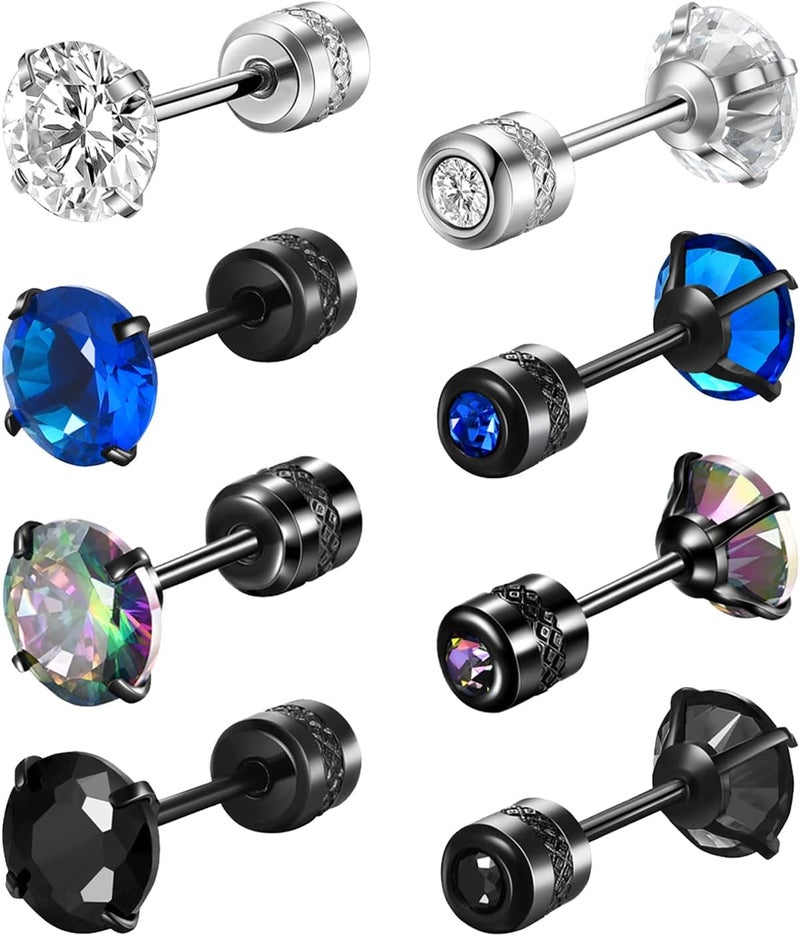 SIISPRI 4 Pairs Titanium Screw Back Surgical Stainless Steel Stud Earrings for Women Men 20G. Rainbow 5A Cubic Zirconia Studs Double Side Earrings Piercing Sleeper Studs Jewelry 6mm - Image 1